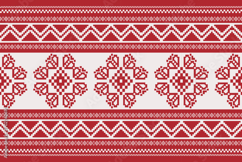 Folk embroidery cross stitch floral border pattern. Vector ethnic red-white geometric floral seamless pattern. Folk floral embroidery pattern use for textile, home decoration elements, upholstery, etc photo