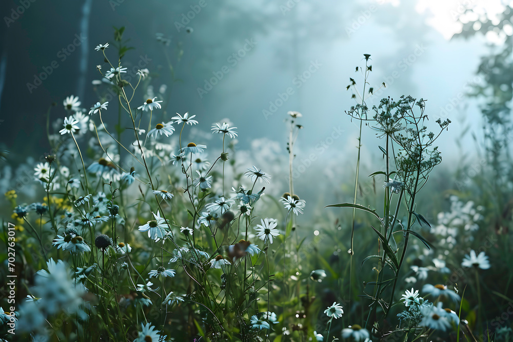 Wild spring flowers hidden in a forest landscape with early fog. Wild spring flowers hidden in a forest landscape with early fog.
