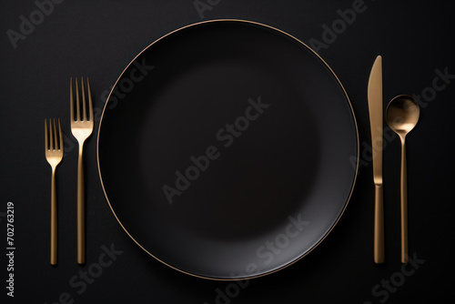  a plate with a knife, fork, and spoon on a black surface with a gold stripe around the edge.