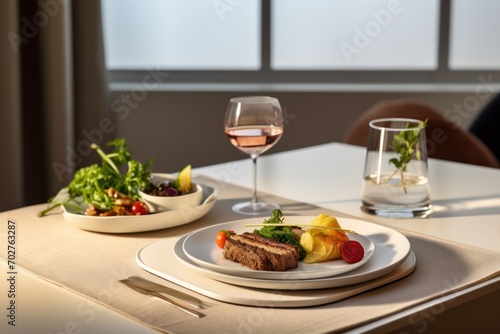  a close up of a plate of food on a table with a glass of wine and a bowl of salad.