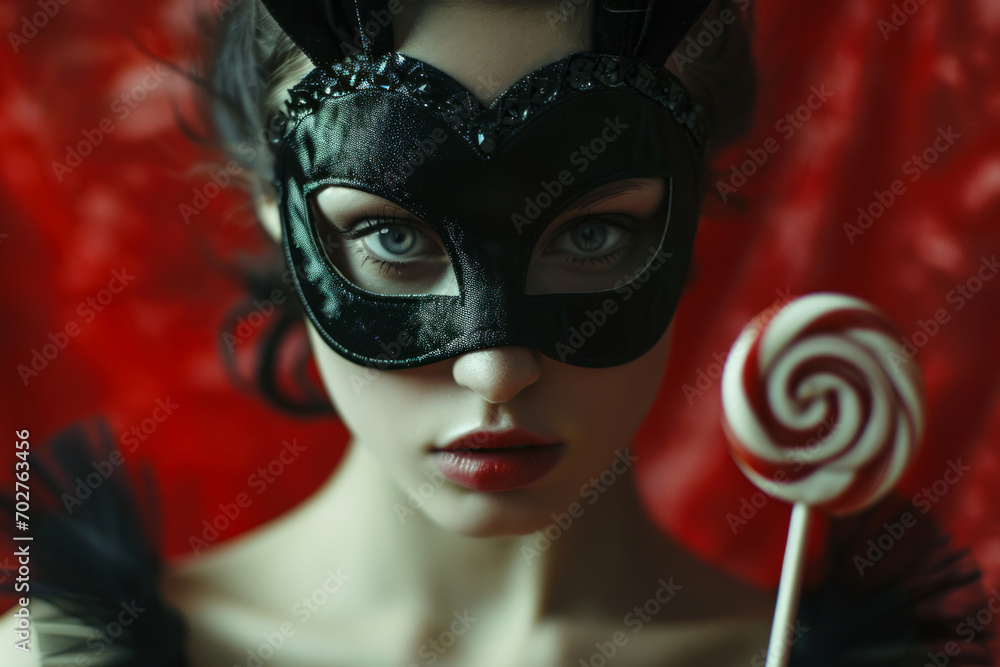 Young woman in black mask with bunny ears holding lollipop