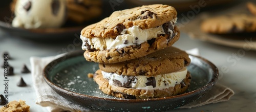 Cookie ice cream sandwich made with homemade chocolate chip cookies.