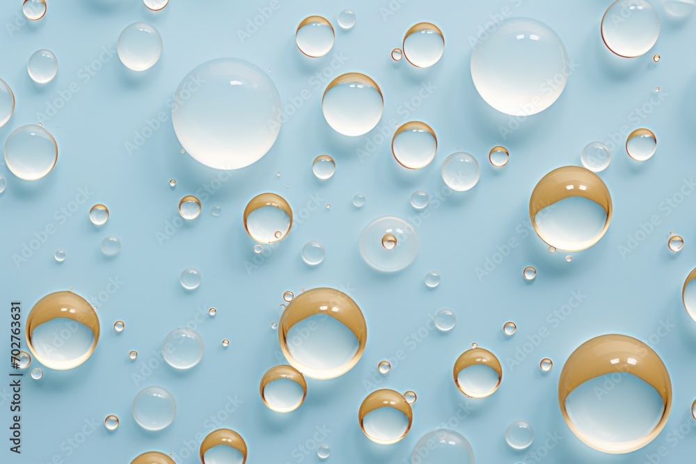  a group of bubbles floating on top of a blue and white surface with a light blue sky in the background.