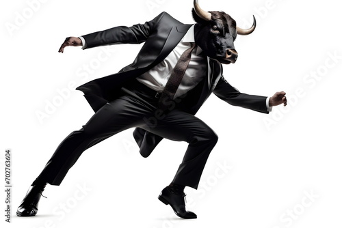 dancing bull in a suit on isolated background, Generative AI