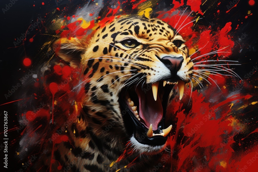  a painting of a leopard with it's mouth open and it's mouth wide open with its mouth wide open.