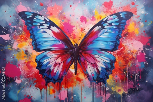  a painting of a blue butterfly with multicolored paint splatters on it's wings and wings. photo