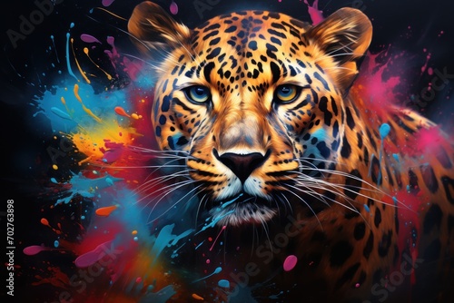  a painting of a leopard's face with multicolored paint splatters on it's face.