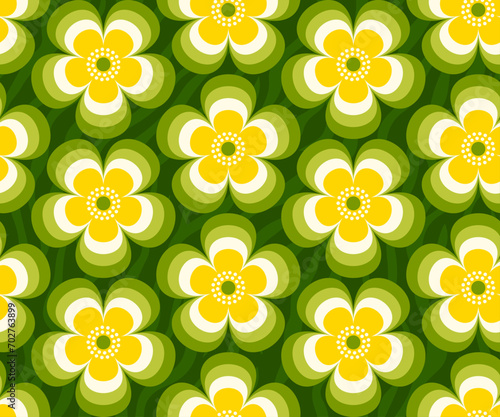 Retro floral, Mid Century modern flowers in yellow, green colors, 1970s mod style, seamless vector pattern