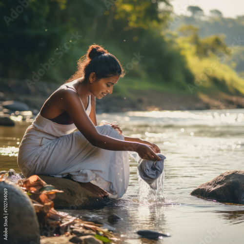 sri lanka woman washing clothes in river.