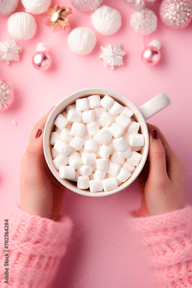 Cup with marshmallows on a pink background. Selective focus. Cup with marshmallows on a pink background. Selective focus.