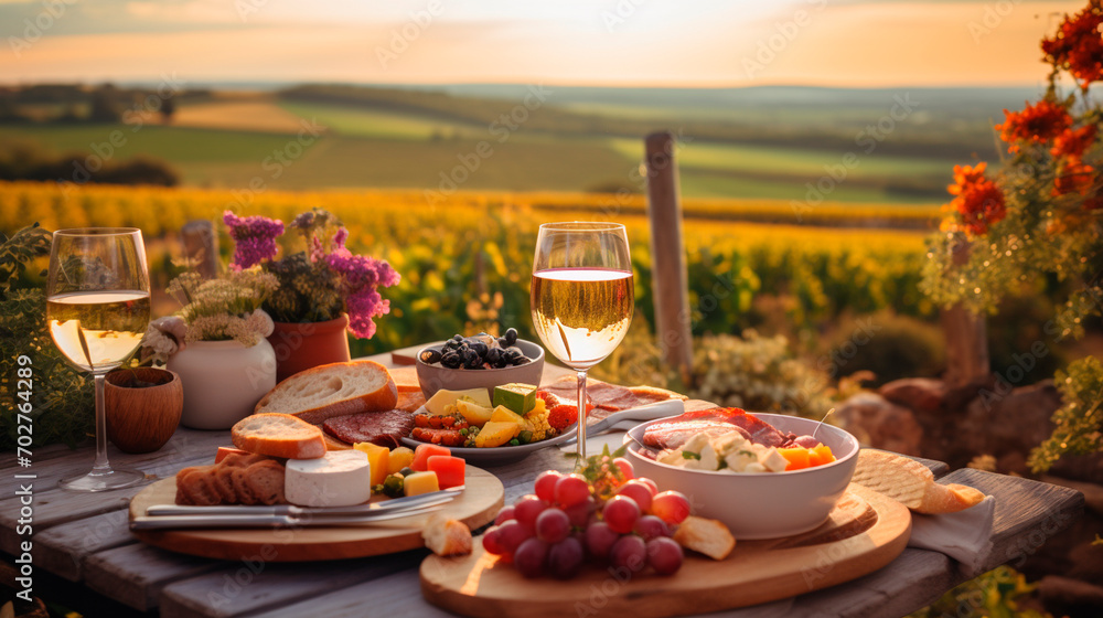 Wine cheese picnic at the vineyard. Selective focus.