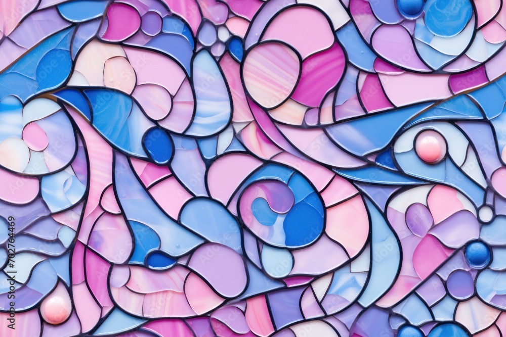  a painting of blue, pink, and purple swirls and bubbles on a pink and blue background with white circles.