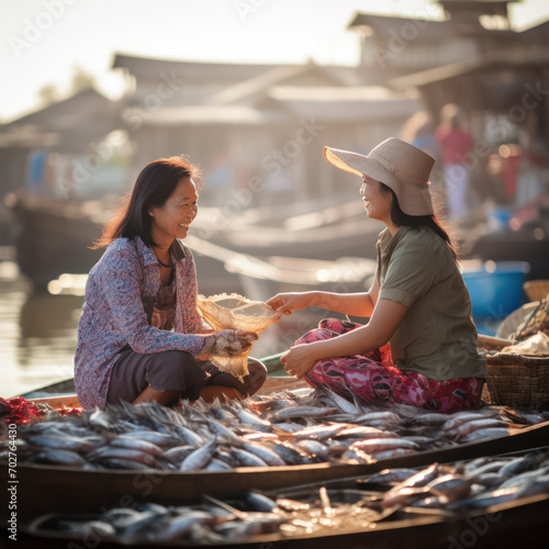 two asian women fish vendors talking. photo