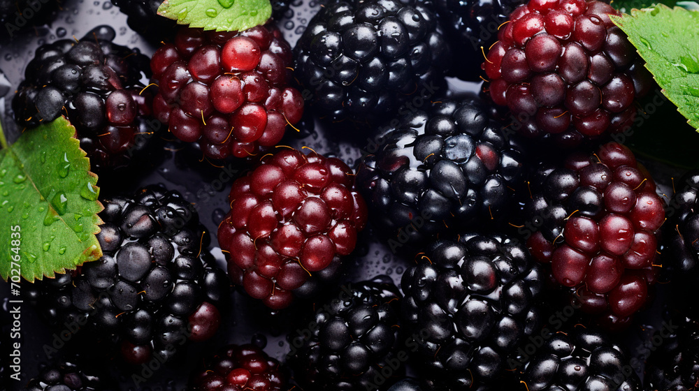 There are a lot of wet blackberries. Selective focus. There are a lot of wet blackberries. Selective focus.