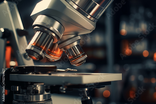 Scientific lab backdrop featuring a close-up of a microscope with metallic lenses