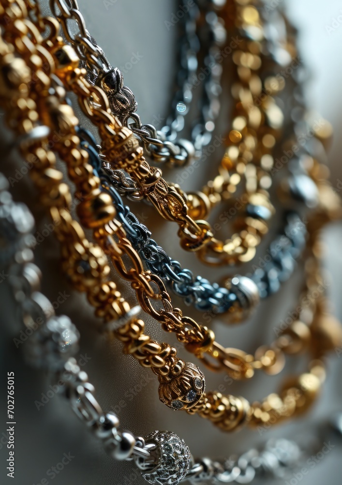 collection of silver and gold chains with fine detail and a metallic sheen are suspended in mid-air against a light grey background.