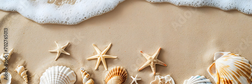 Top view of a sandy beach with exotic seashells and starfish as natural textured background for aesthetic summer design photo