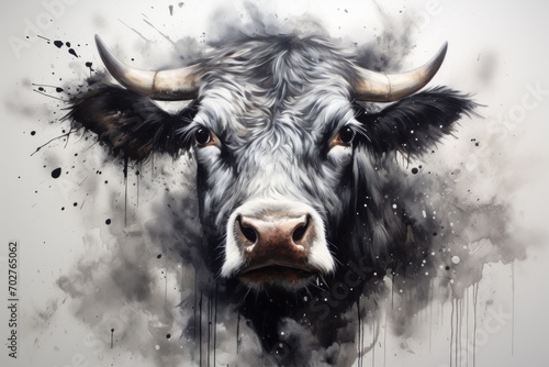  a painting of a bull's head with a lot of black and white paint splattered on it. photo
