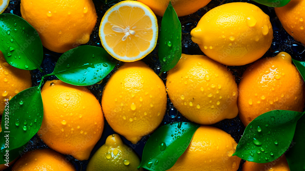 There are a lot of wet lemon fruits. Selective focus. - obrazy, fototapety, plakaty 