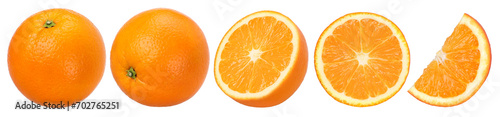 Orange fruit half and slices isolated, Orange fruit macro studio photo, transparent PNG, collection, PNG format, cut out