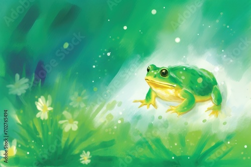  a painting of a frog sitting on top of a grass covered field with daisies and daisies in the background.