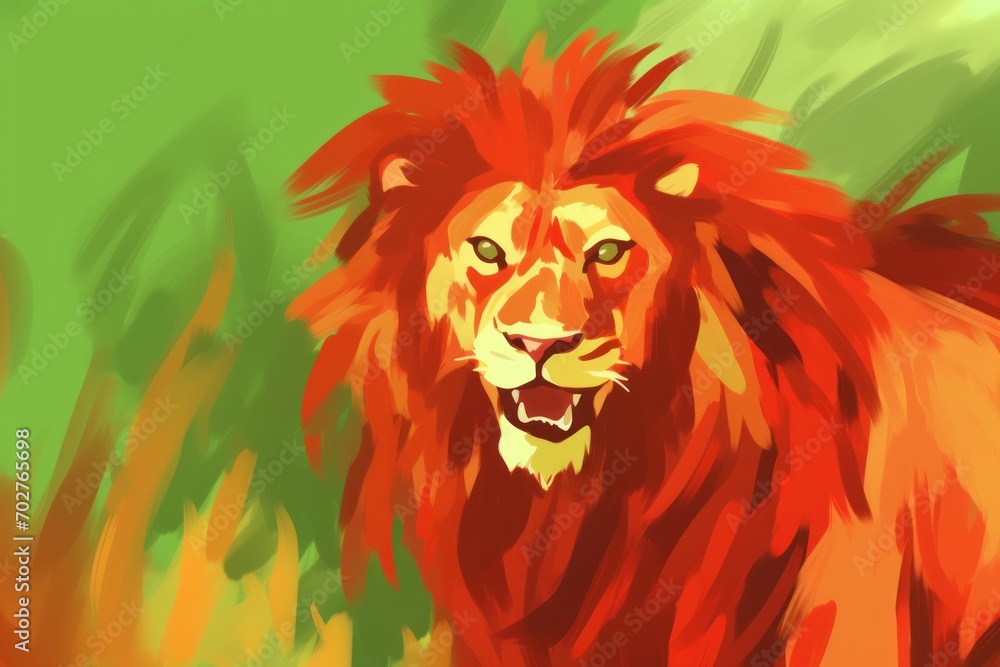  a digital painting of a lion walking in the grass with its mouth open and it's eyes wide open.