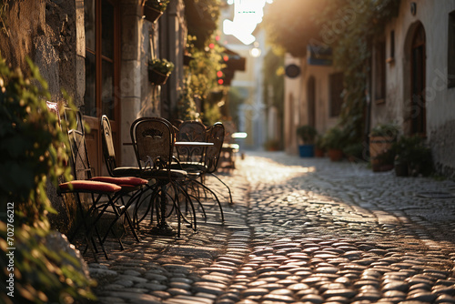old European street, cobblestone, café chairs