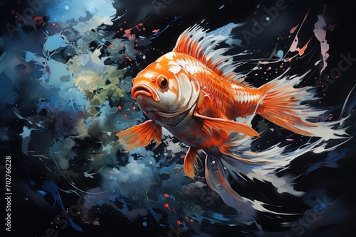  a painting of a goldfish with splashes of paint on it's body and a black back ground.