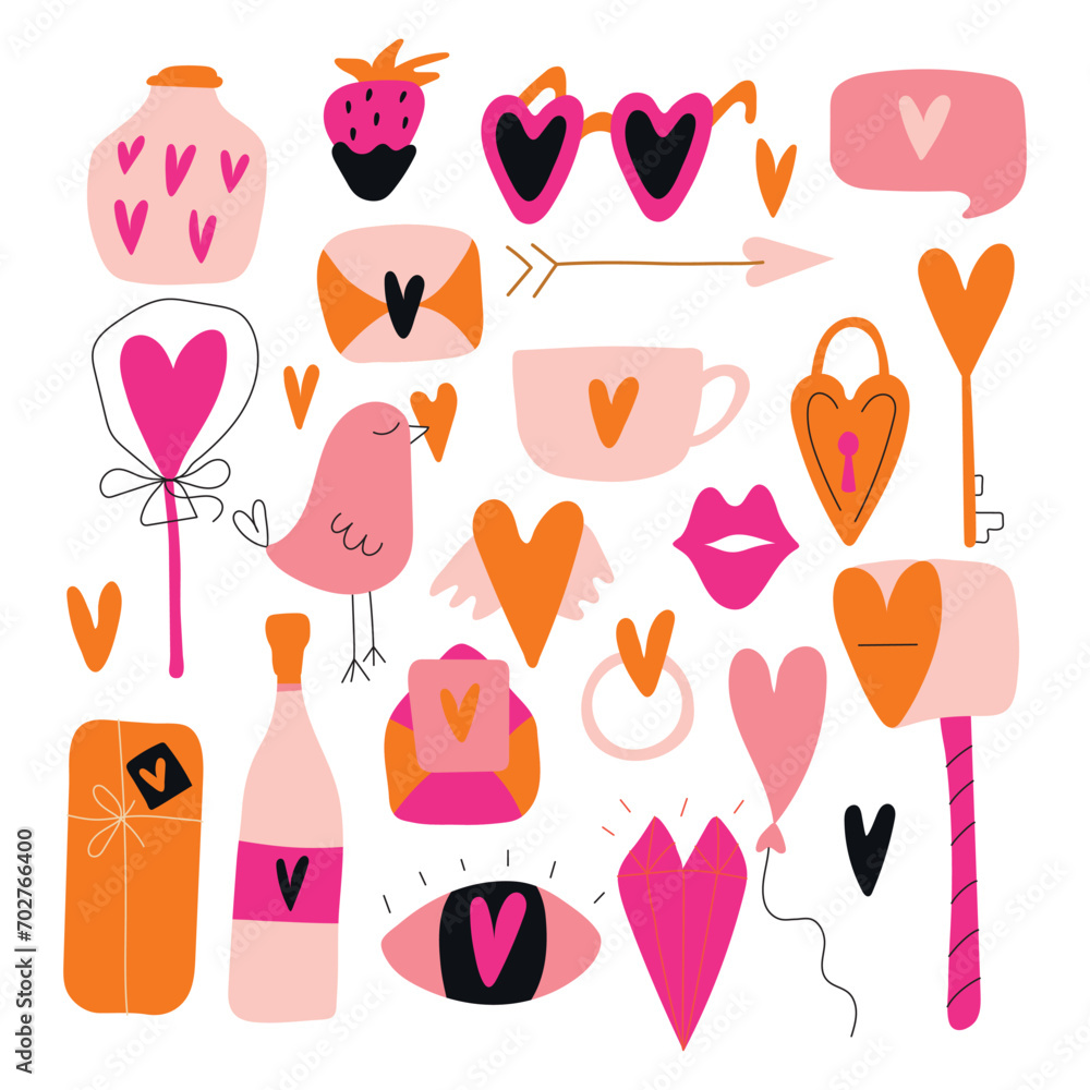 Set of decorative elements for Valentine's day for your design. Hearts, balls, candies, birds, letters, flags. Sticker pack. Isolated elements on a white background. Doodle. Hand drawn. 