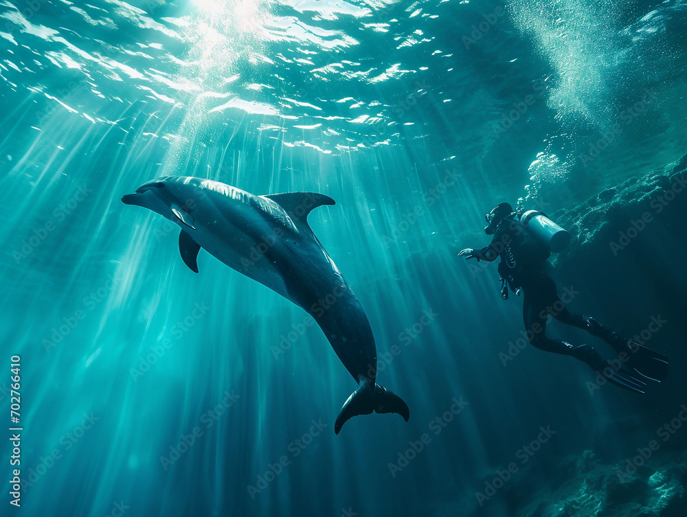 Fototapeta premium scuba diver approaching a curious dolphin, turquoise water, light reflecting off the dolphin's skin