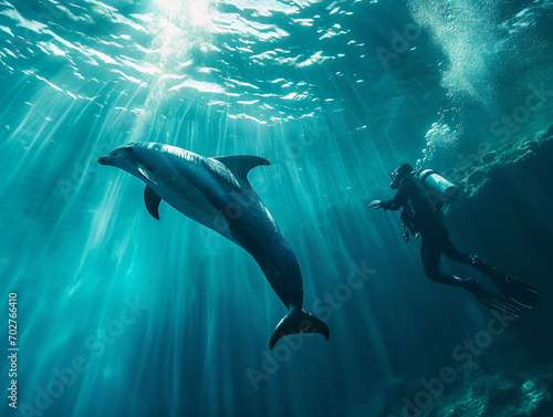 scuba diver approaching a curious dolphin, turquoise water, light reflecting off the dolphin's skin © Marco Attano