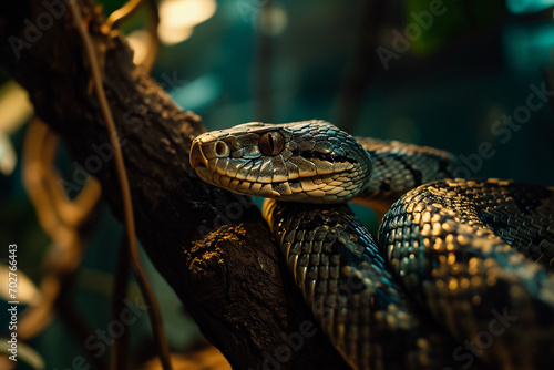 reptile house, featuring a snake coiled around a branch, detailed skin texture, spectator's gasps visible, low, greenish lighting