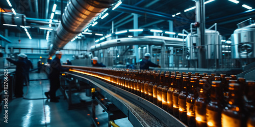 Large commercial brewery, conveyor belt of beer bottles, workers in uniforms, cold and sterile atmosphere © Marco Attano