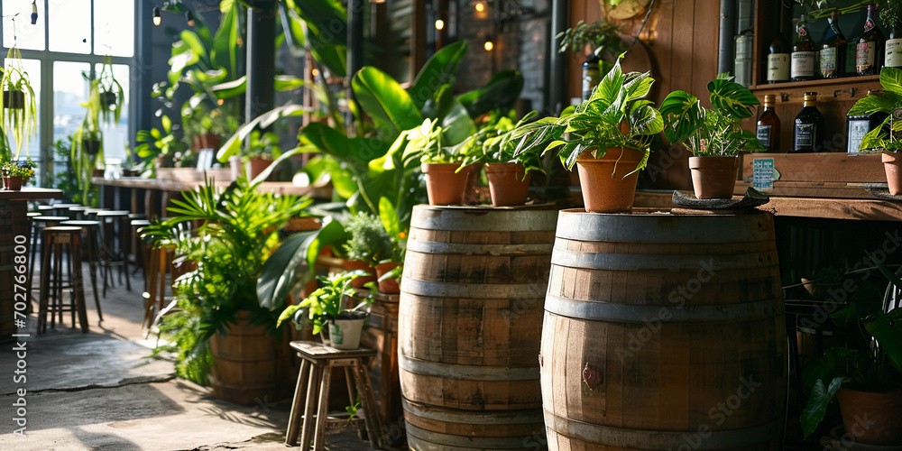 Organic brewery, eco-friendly setup, green plants, wooden barrels with eco-labels