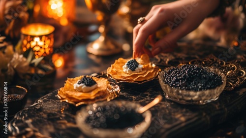 There's a human hand adorned with various elegant rings reaching for a golden, crispy potato chip. The chip is topped with a dollop of cream and a spoonful of shiny black caviar.