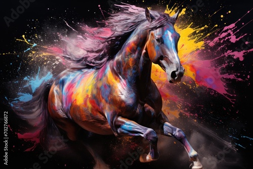  a painting of a running horse with colorful paint splatches on it's body and tail, with a black background.
