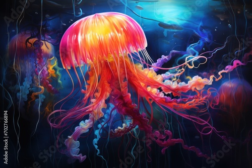  a painting of a jellyfish floating in a dark blue ocean with a yellow and red jellyfish in it's tentacles.