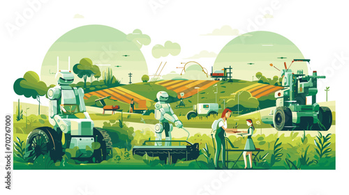 robots and nature in a vector scene featuring AI-driven agricultural robots.
