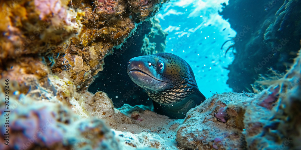 Fototapeta premium scuba diver capturing a photo of a moray eel peeking out from a rock crevice, azure blue water