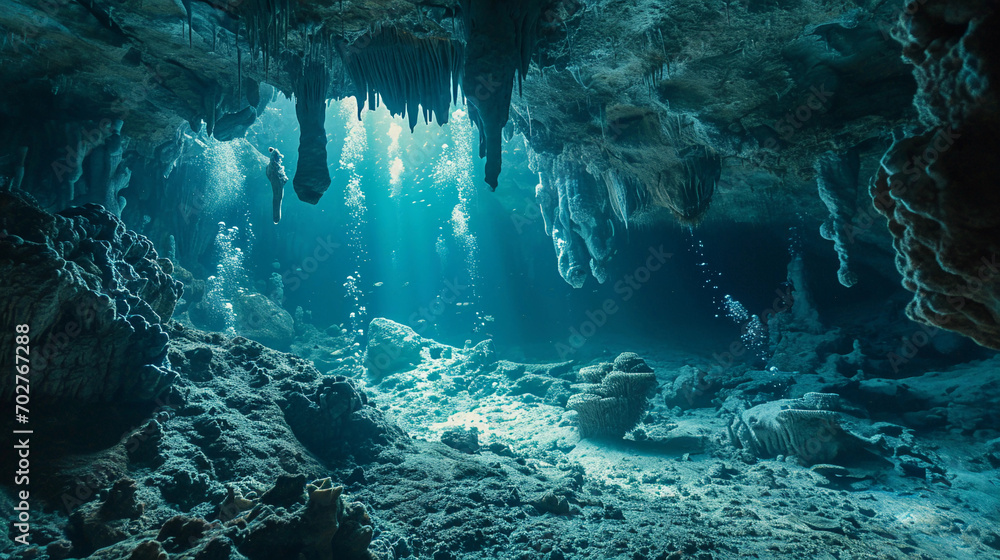 scuba diving in an underwater cave, stalactites hanging from the ceiling, luminescent glow worms providing light