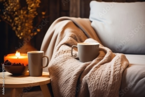  two cups of coffee sit on a table next to a blanket on a couch with a lit candle in front of it.