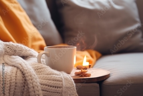  a cup of coffee sits on a table next to a blanket and a lit candle on a table next to a couch.