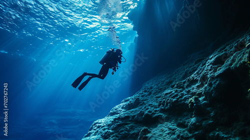 scuba diver at the edge of a drop-off, endless deep blue abyss, feeling of awe and solitude photo