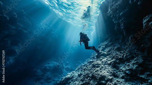 Canvas Print scuba diver at the edge of a drop-off, endless deep blue abyss, feeling of awe a