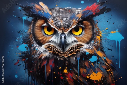  a painting of an owl with yellow eyes and feathers on it's head with paint splatters all over it. photo