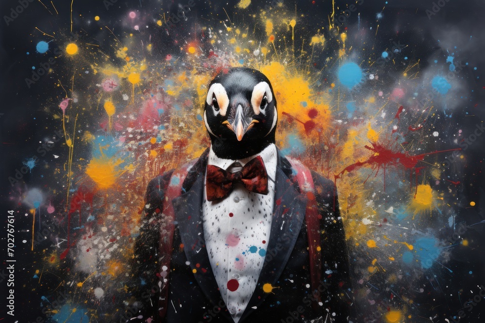  a painting of a penguin dressed in a tuxedo with a red bow tie and speckles of paint.