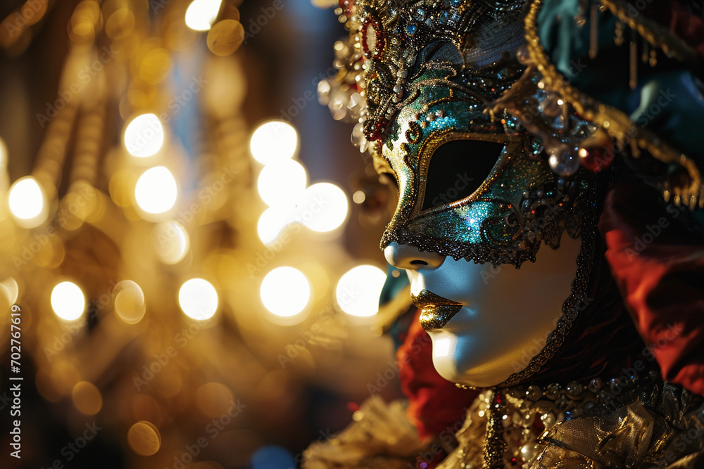 Venetian masquerade ball, glowing chandeliers, colorful masks