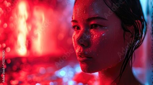 biohacker using an infrared sauna, focus on the ambient red glow and sweat on the skin photo