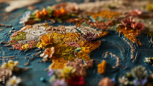 embroidery, world map, each country filled with its native flower