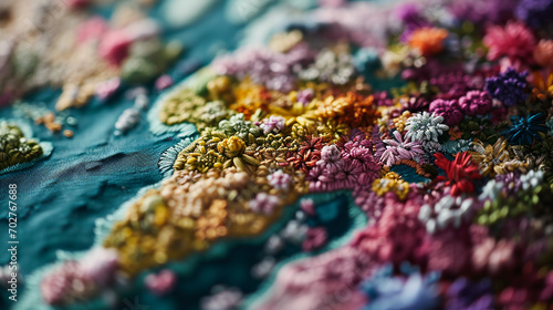 embroidery, world map, each country filled with its native flower